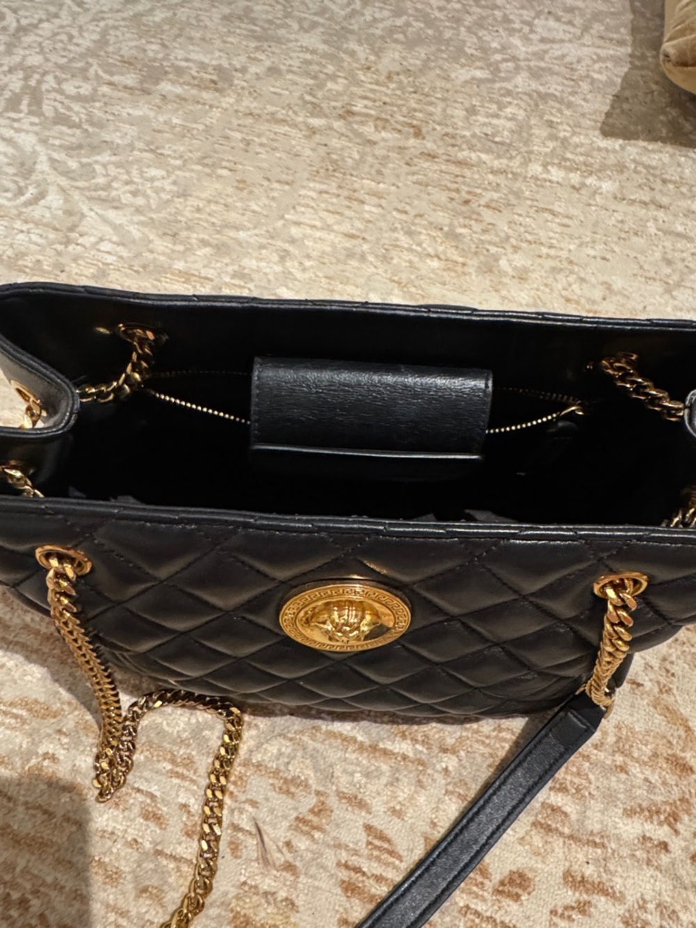 Versace Black Quilted Leather Shoulder Bag with Gold Medallion and Chain - Picture 6 of 7